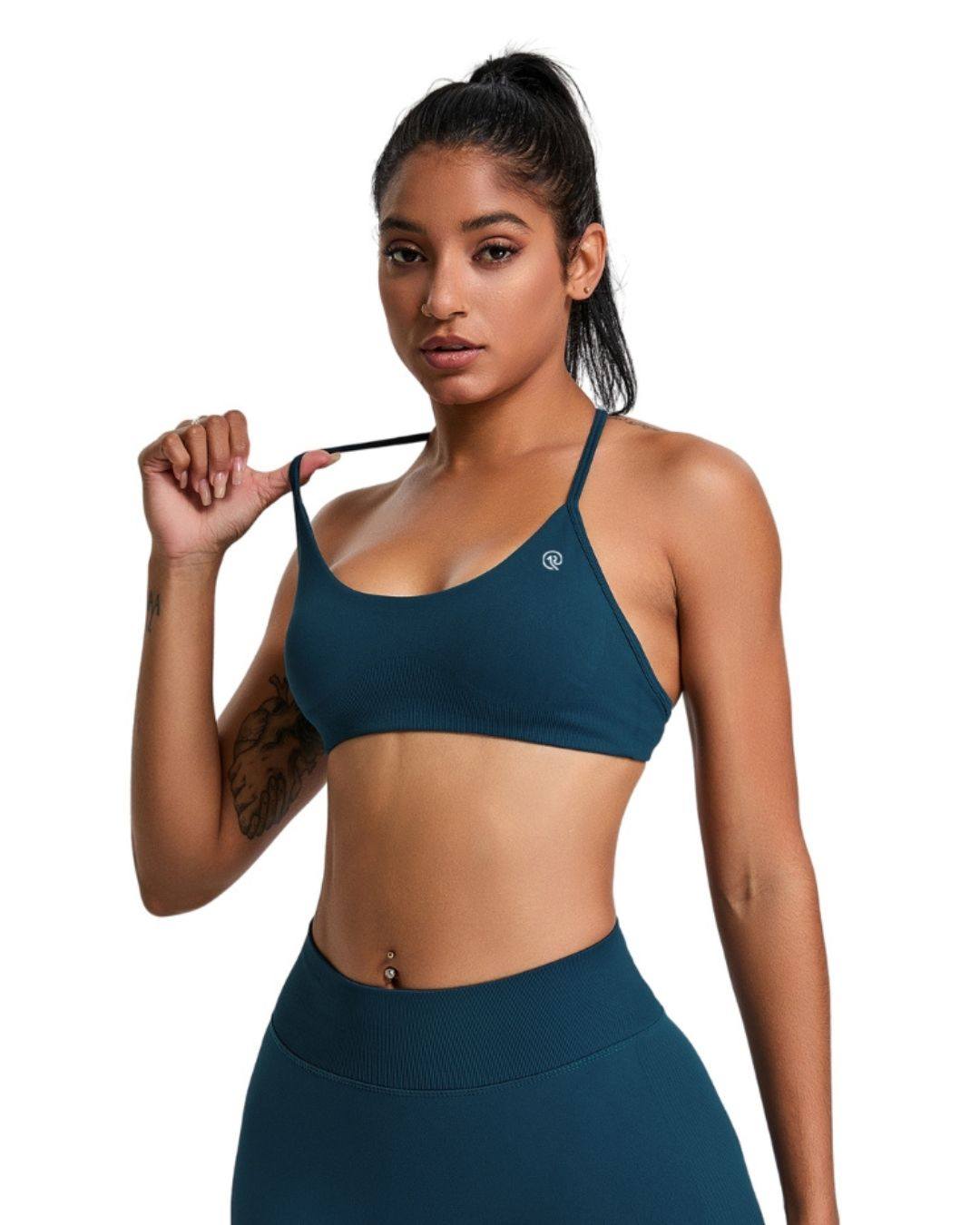 ORU ELURA SPORTS BRA navy blue 4-way stretch knit with T-shape back worn by woman
