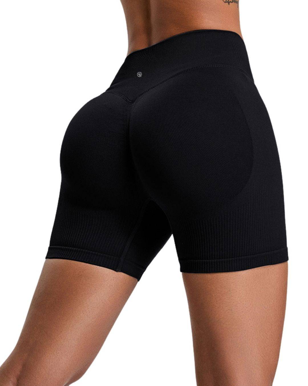 Black ORU ELURA SHORT with high-rise waistband and 4-way stretch fabric for active and daily wear