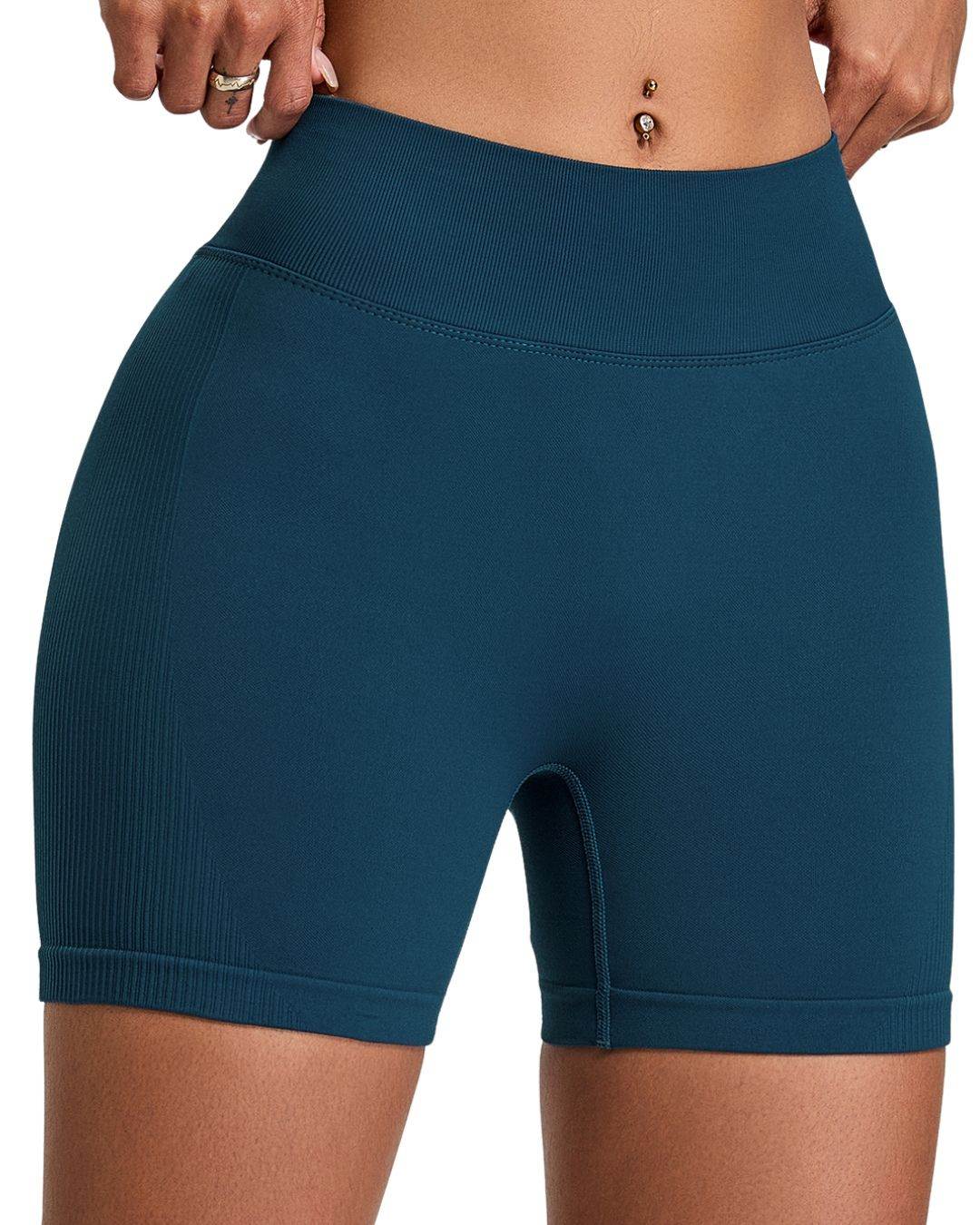 Close-up of blue ORU ELURA SHORT with high-rise waistband and 4-way stretch fabric designed for comfort and mobility