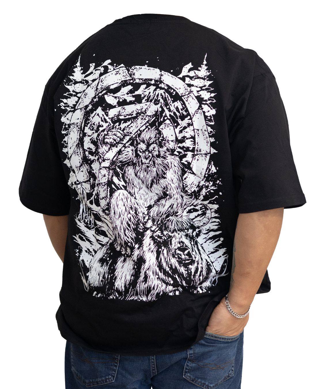 ORU Yak & Yeti oversized black cotton tee with white screen print design on back