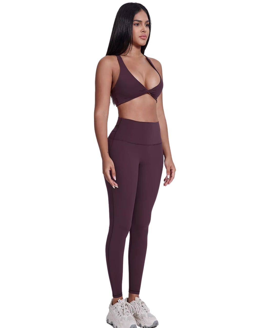 woman wearing maroon ORU Legacy Leggings with ultra high rise and butterfly 3-seam back waistband detail