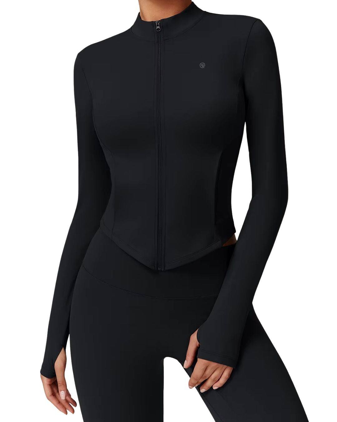 Fleece zip stand collar yoga jacket with windproof, warm, plus velvet lining, and stylish fit.