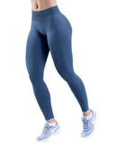 High impact leggings with ribbed high waistband in blue, made from durable nylon and spandex fabric.