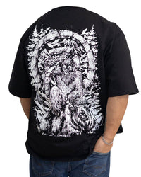 ORU Yak & Yeti oversized black cotton tee with white screen print design on back