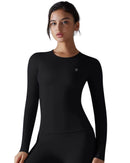 Everyday Long Sleeve Top in black, slim fit, stretchy fabric, round neckline.