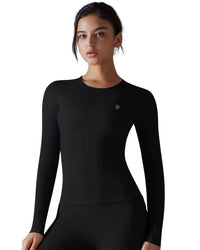 Everyday Long Sleeve Top in black, slim fit, stretchy fabric, round neckline.