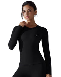 Everyday Long Sleeve Top in black, slim fit, stretchy fabric, round neckline.