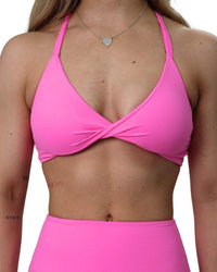 Twist Front Cross Back Sports Bra in nylon blend with quick-dry and 4-way stretch features