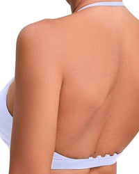 Back view of ORU Strappy Sports Bra in light color, breathable and sweat-wicking with a strappy design and four-way stretch fabric.