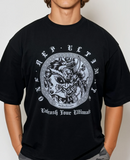 LIMITED ORU Drop Shoulder black cotton t-shirt with DTG print and double neckline stitching.